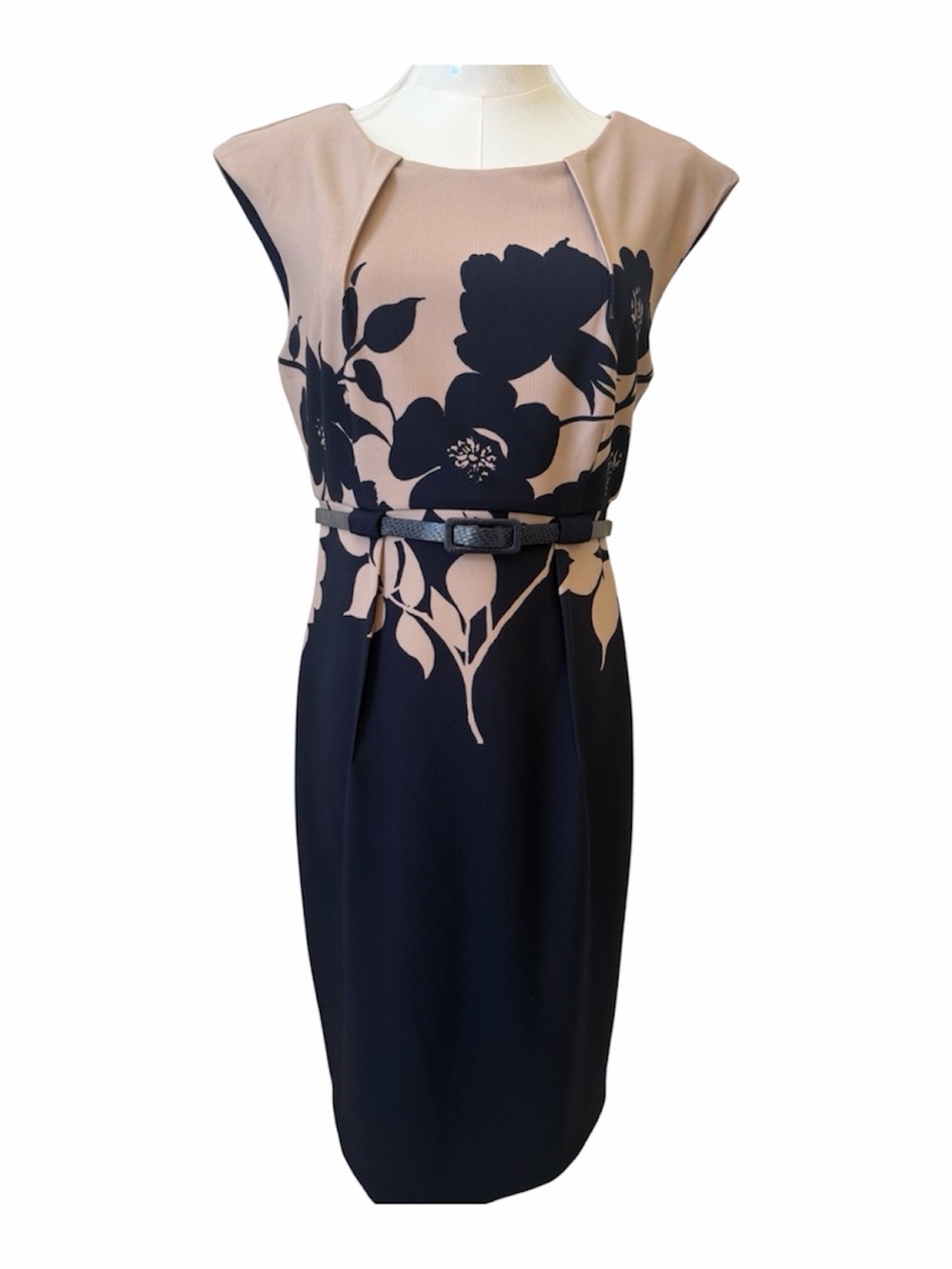 connected apparel tan and Navy Floral Midi Sheath Dress size 6